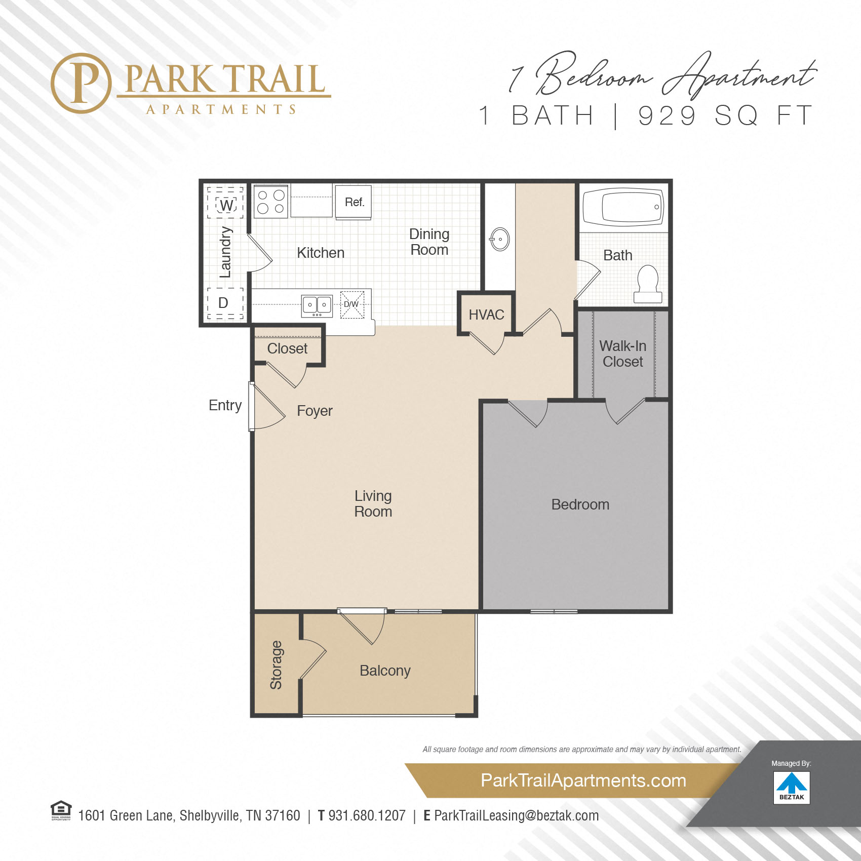 Floor plan for 1 bed, 1 bath, 896 sqft